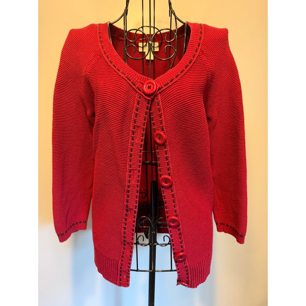 Ann Taylor LOFT Red Cotton Chunky Knit Whipstitch Cardigan Sweater Womens Medium